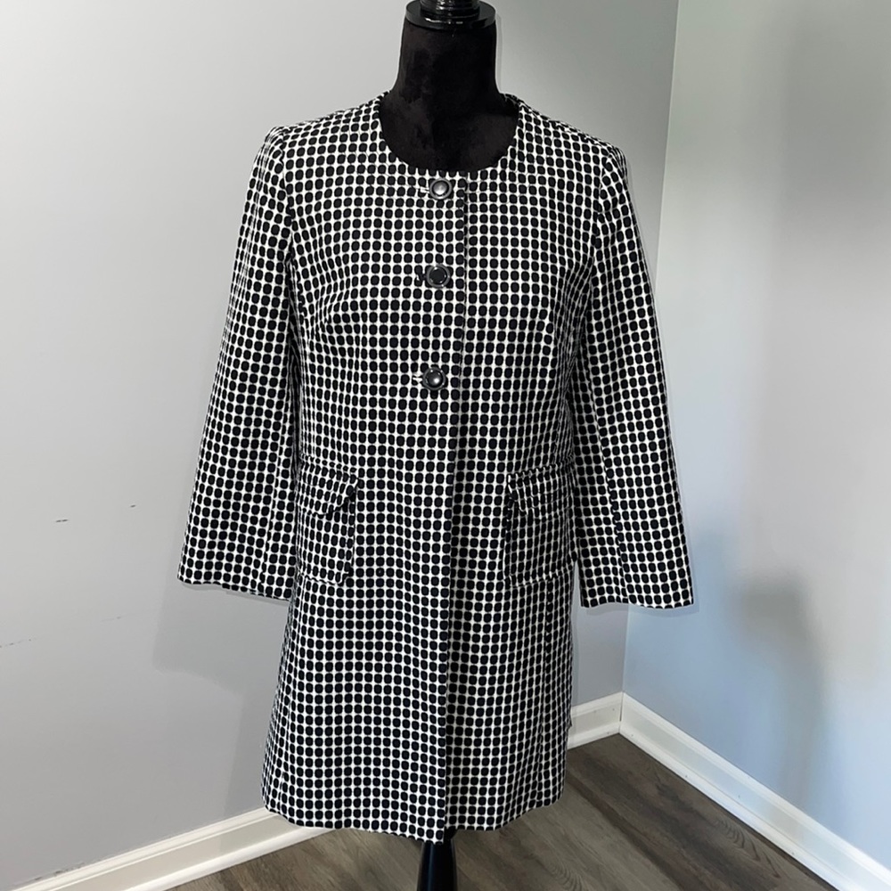 Women trench style blazer jacket cotton size medium black white Apostrophe
